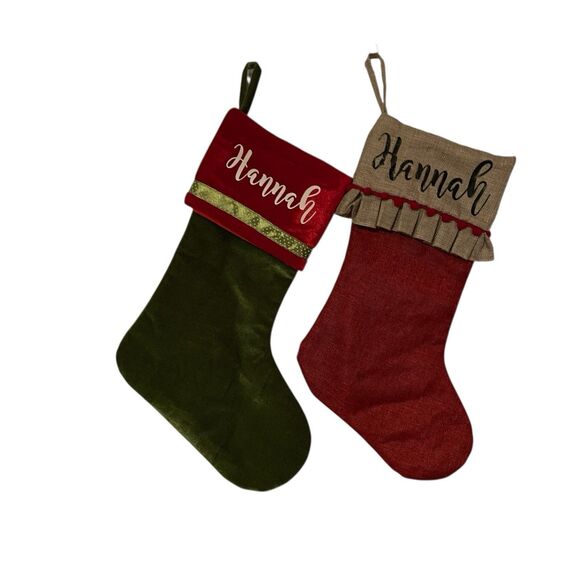 Two Christmas Stockings With The Name Hannah. Red Canvas One And Green Velvet On - Picture 1 of 7